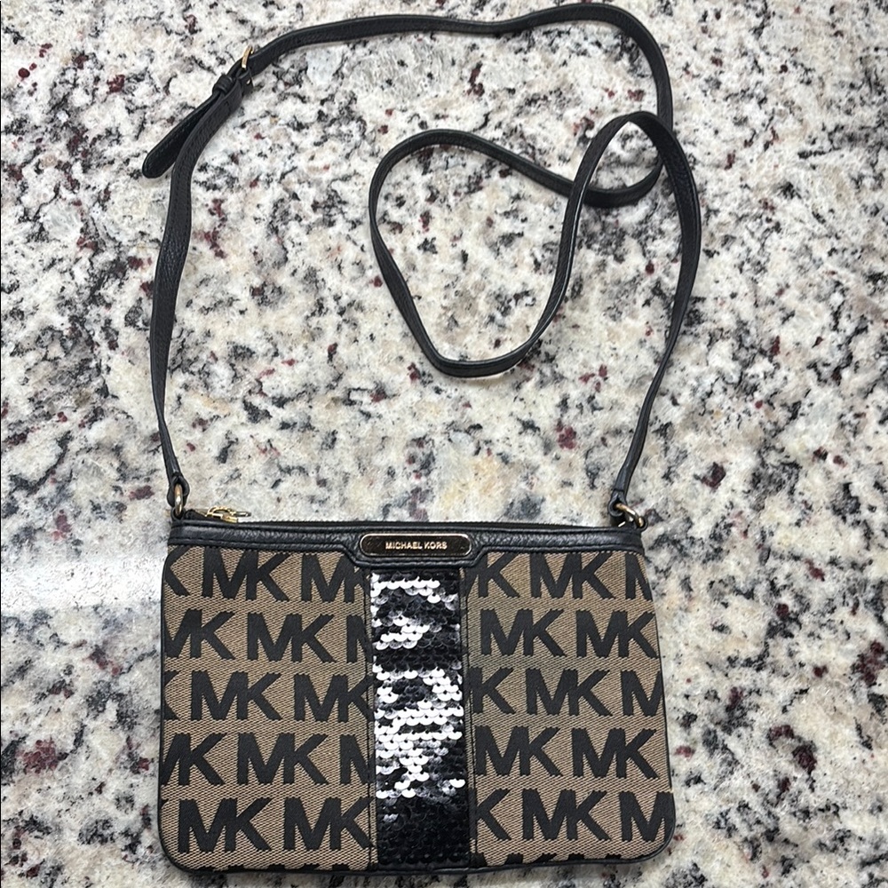 Michael Kors Brown and Black Crossbody Bag with Monogram Print